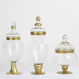 Set of 3 | Large Gold Trim Glass Apothecary Party Favor Candy Jars With Snap On Lids