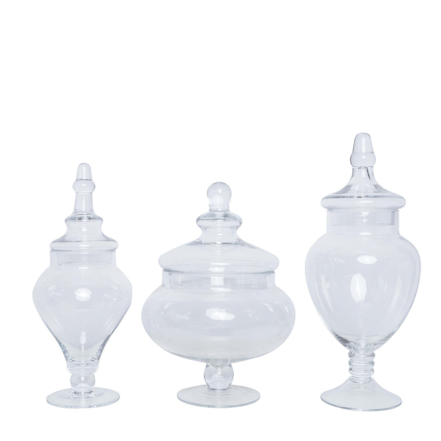 Set of 3 | Clear Glass Pedestal Apothecary Party Favor Candy Jars With Snap On Lids#whtbkgd