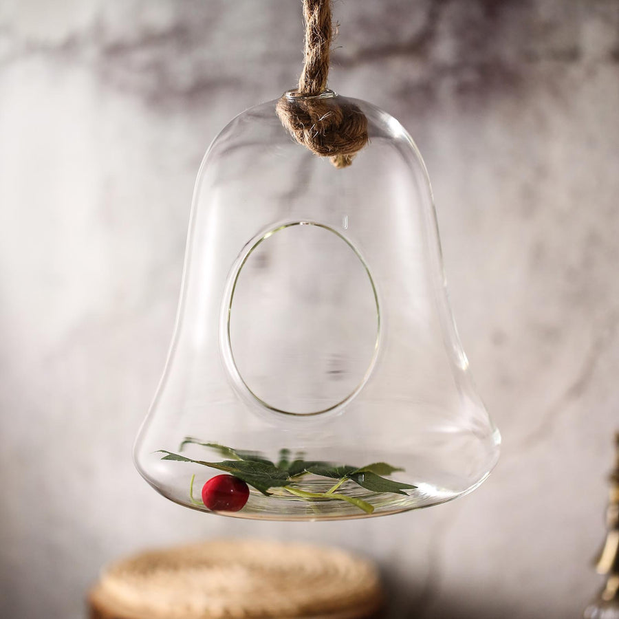 9inch Air Plant Hanging Glass Bell Shaped Terrarium With Twine Rope, Free-Falling Planter