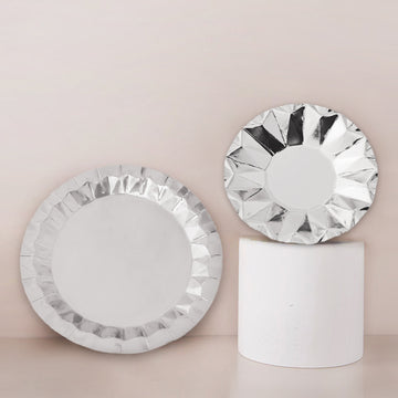25 Pack | 7" Geometric Metallic Silver Dessert Appetizer Paper Plates, Disposable Salad Party Plates - 400 GSM