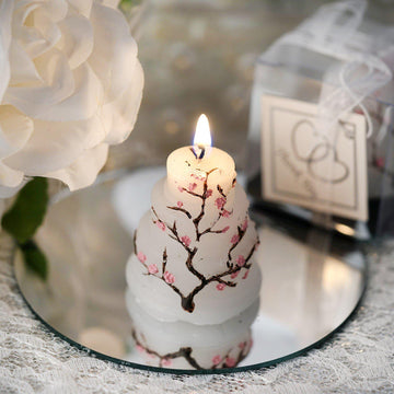 2" Gift Wrapped Cherry Blossom Wedding Cake Candle Party Favors With Thank You Tag