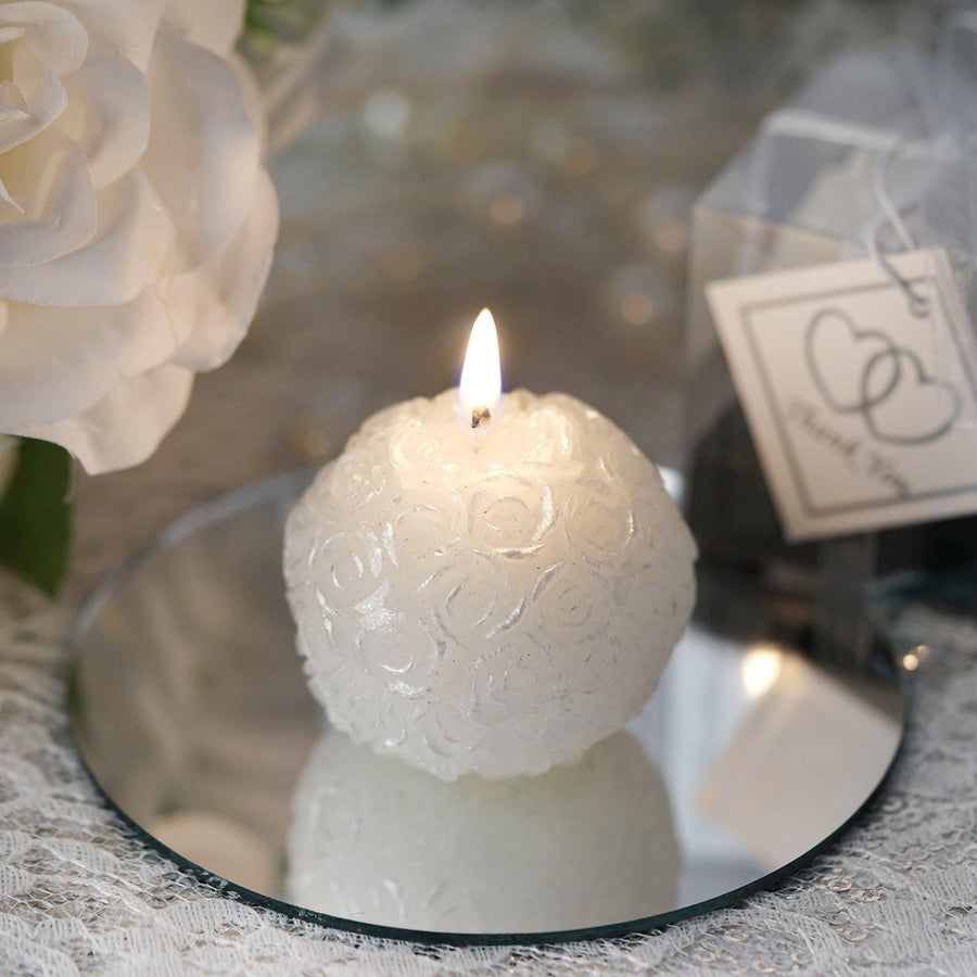 2" Gift Wrapped White Rose Ball Candle Wedding Party Favors With Thank You Tag