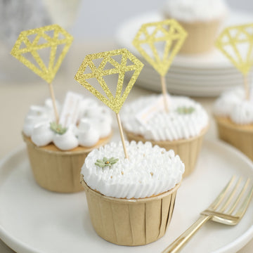 24 Pack Glitter Gold Diamond Ring Cupcake Toppers, Party Cake Picks, Engagement Party Decoration Supplies