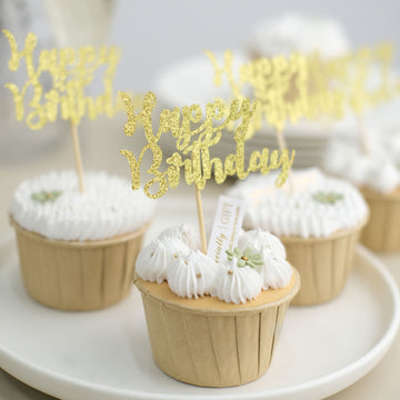 24 Pack Glitter Gold Happy Birthday Cupcake Toppers, Cake Picks, Party Decoration Supplies