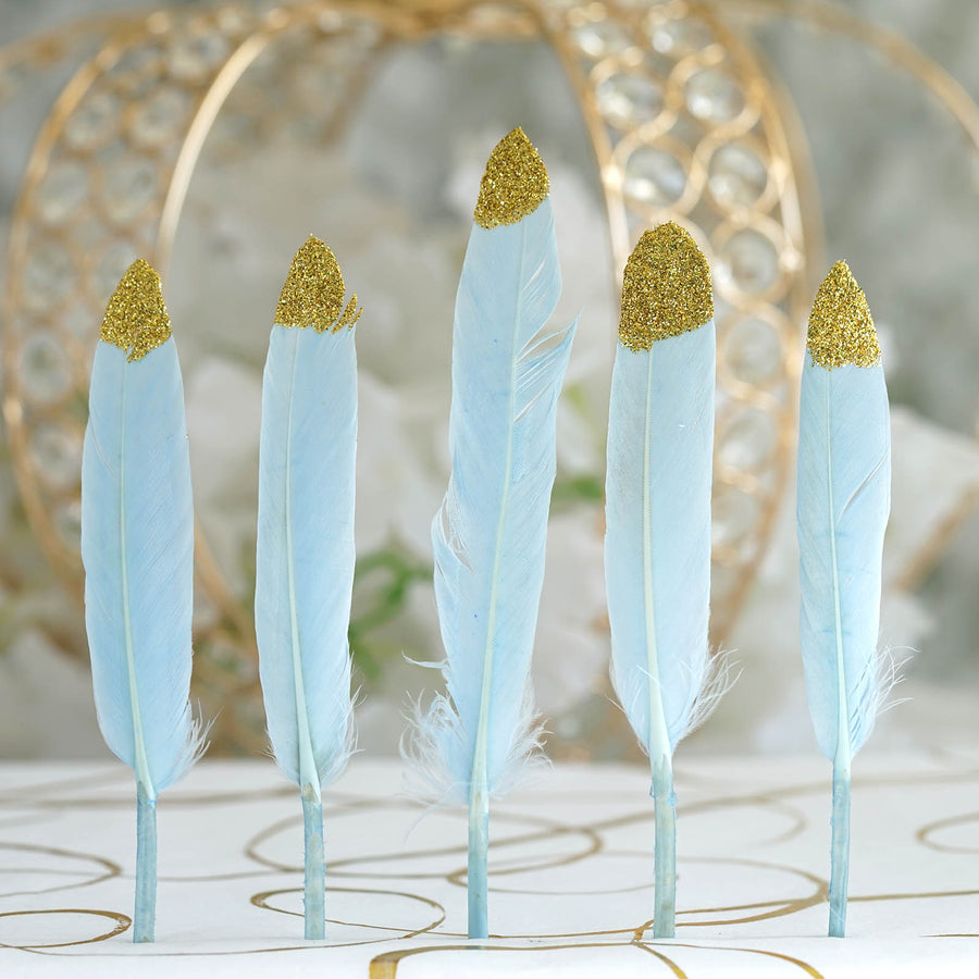 30 Pack | Glitter Gold Tip Light Blue Real Turkey Feathers | Craft Feathers for Party Decoration