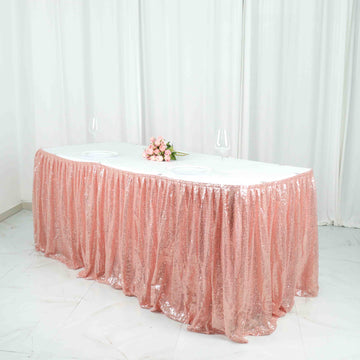 17ft Glitzy Rose Gold Sequin Pleated Satin Table Skirt With Top Velcro Strip