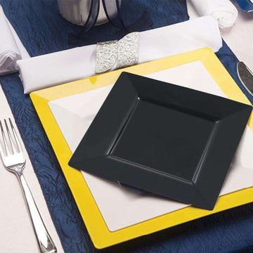 10 Pack 10" Glossy Black Square Disposable Dinner Plates With Wide Rim