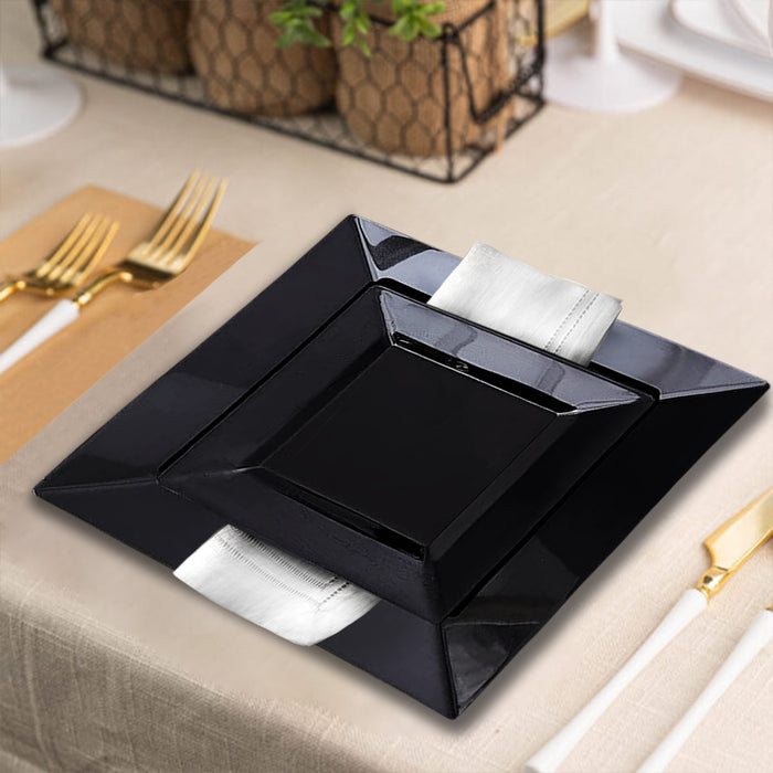 10 Pack - 6Inch Square Plastic Disposable Salad Dessert Appetizer Plates - Black With Glossy Finish