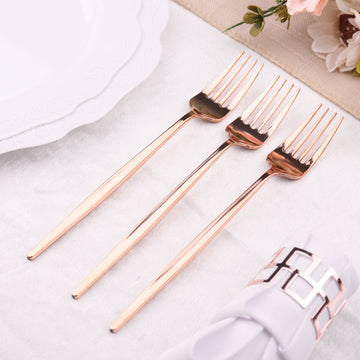 24 Pack 8" Glossy Rose Gold Heavy Duty Plastic Silverware Forks, Premium Disposable Flatware Cutlery