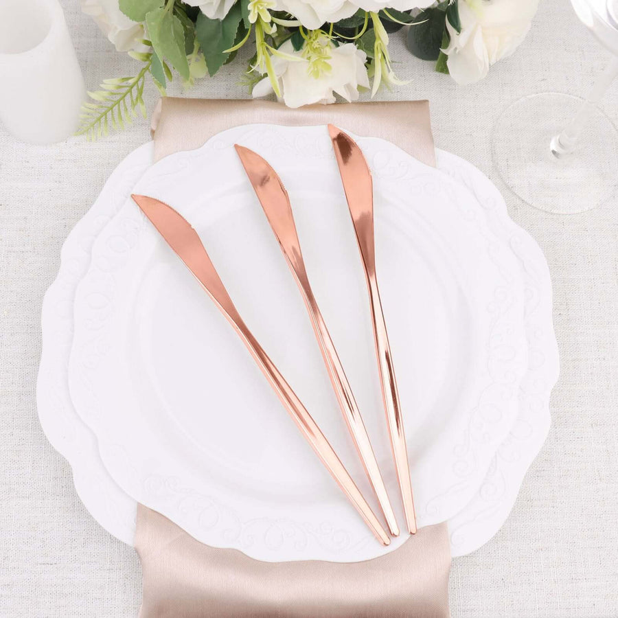 8inch Glossy Rose Gold Heavy Duty Plastic Silverware Knives, Premium Disposable Flatware Cutlery