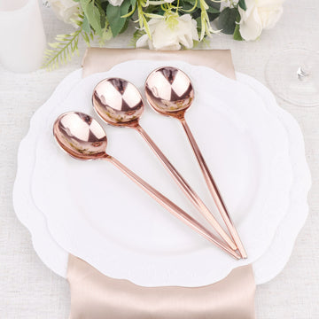 24 Pack 8" Glossy Rose Gold Heavy Duty Plastic Silverware Spoons, Premium Disposable Flatware Cutlery