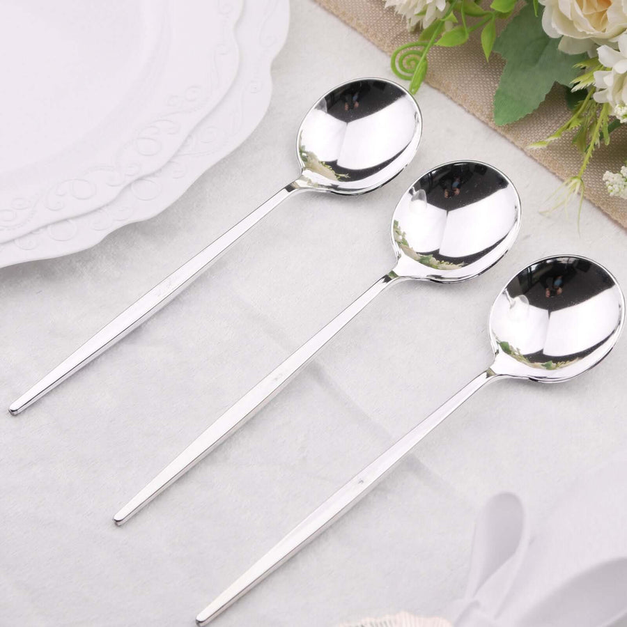 Glossy Silver Heavy Duty Plastic Silverware Spoons Cutlery, Premium Disposable Sleek Flatware