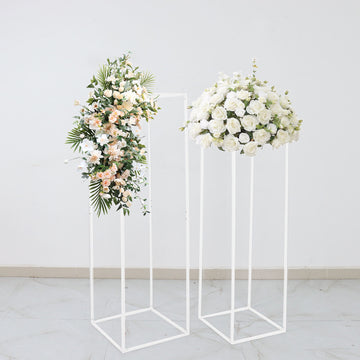 2 Pack | 40" Glossy White Metal Wedding Flower Frame Stand, Geometric Column Prop Centerpiece