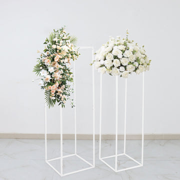 2 Pack 40" Glossy White Metal Wedding Flower Frame Stand, Geometric Column Prop Centerpiece