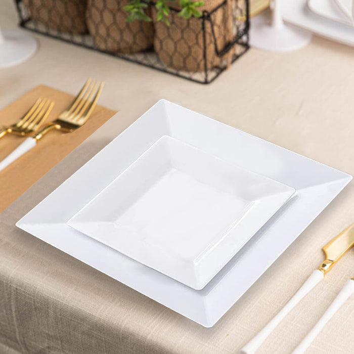 10 Pack - 6Inch Square Plastic Disposable Salad Dessert Appetizer Plates - White With Glossy Finish