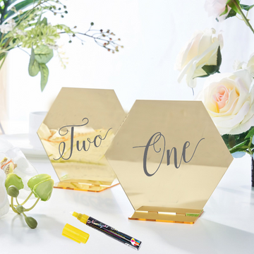 5 Pack 5" Gold Acrylic Hexagon Wedding Table Sign Holders, Number Stands
