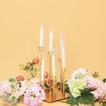 24" Gold 6 Arm Cluster Taper Candle Holder With Clear Glass Shades, Large Candle Arrangement