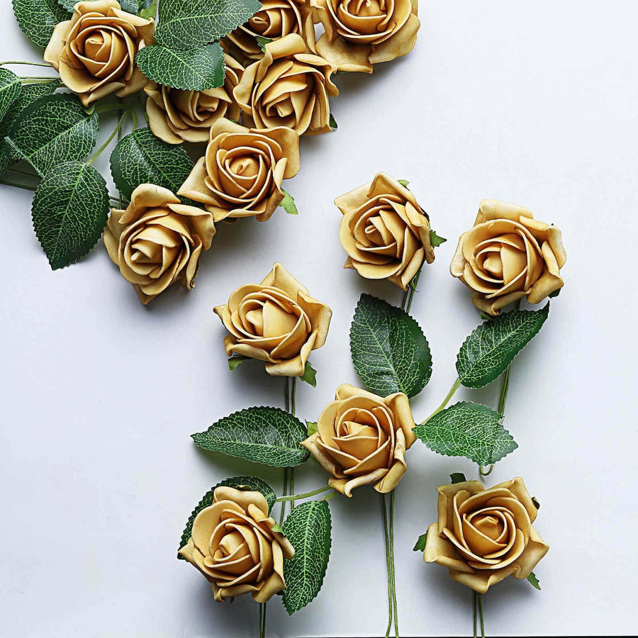 24 Roses | 2inch Gold Artificial Foam Flowers With Stem Wire and Leaves