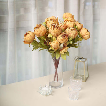 2 Pack 19" Gold Artificial Peony Flower Wedding Bouquets, Faux Silk Flower Arrangements