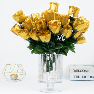 12 Bushes | Gold Artificial Premium Silk Flower Rose Bud Bouquets