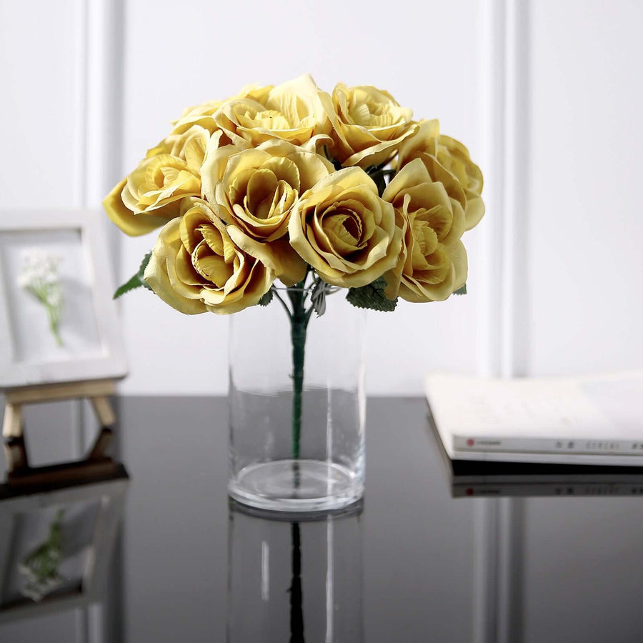 12inches Gold Artificial Velvet-Like Fabric Rose Flower Bouquet Bush