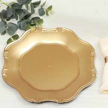 6 Pack | 13" Gold Baroque Scalloped Acrylic Plastic Charger Plates, Hexagon Charger Plates