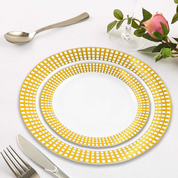 10 Pack | 8" Gold Checkered Rim White Disposable Salad Plates, Round Plaid Hot Stamped Rim Plastic Party Plates
