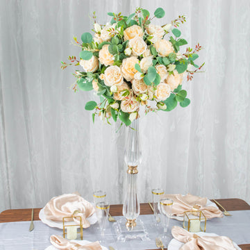 24" Gold / Clear Acrylic Crystal Flower Bowl Pedestal Stand, Pillar Candle Holder Wedding Table Centerpiece