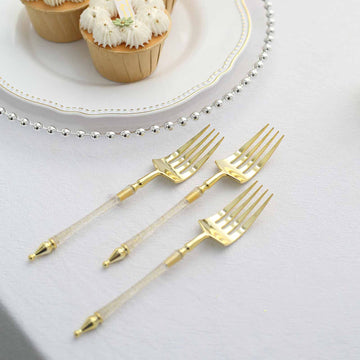 24 Pack 6" Gold Clear Glittered Plastic Dessert Forks With Roman Column Handle, European Style Disposable Silverware