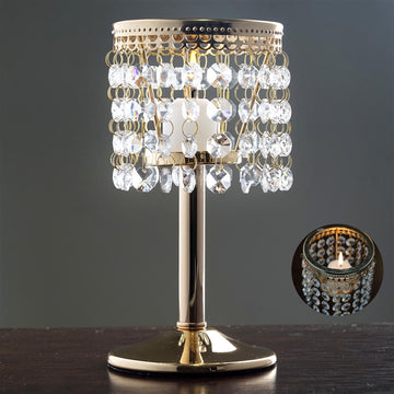 8" Gold Crystal Beaded Chandelier Votive Pillar Candle Holder, Metal Tealight Candle Stand