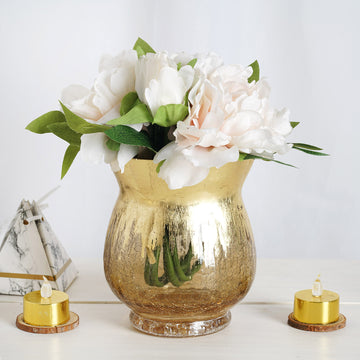 2 Pack | 6" Gold Curvy Bell Shaped Crackle Glass Hurricane Vase, Votive Tealight Candle Holders