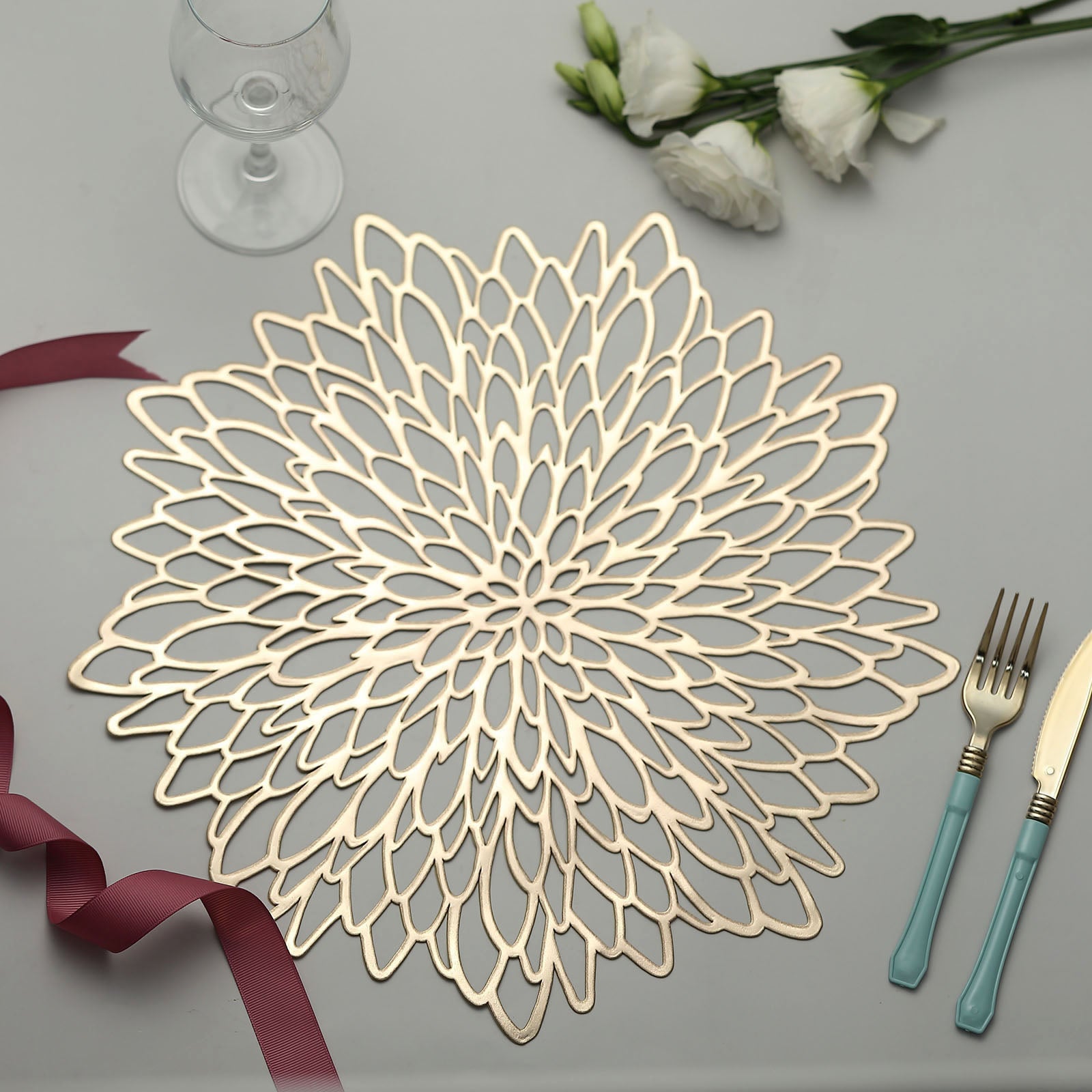 6 Pack | 15 Gold Decorative Floral Vinyl Placemats, Non-Slip Round Dining Table Mats | by Tableclothsfactory