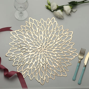 6 Pack 15" Gold Decorative Floral Vinyl Placemats, Non-Slip Round Dining Table Mats