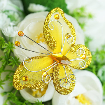 12 Pack | 2" Gold Diamond Studded Wired Organza Butterflies