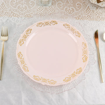 10 Pack Gold Embossed 10" Plastic Dinner Plates - Round Blush With Scalloped Edges