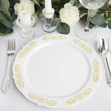 10 Pack Gold Embossed 10" Plastic Dinner Plates, Round White Gold With Scalloped Edges