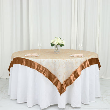 60"x60" Gold Embroidered Sheer Organza Square Table Overlay With Satin Edge