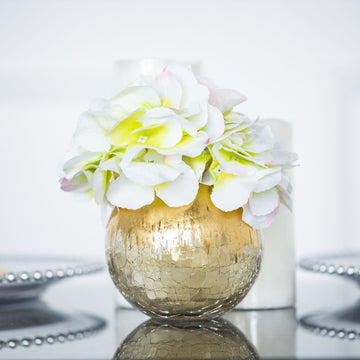 4" Gold Foiled Crackle Glass Bud Vase Table Centerpiece, Bubble Bowl Round Flower Vase