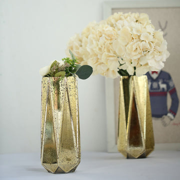2 Pack | 11" Gold Geometric Mercury Glass Vase Flower Centerpieces