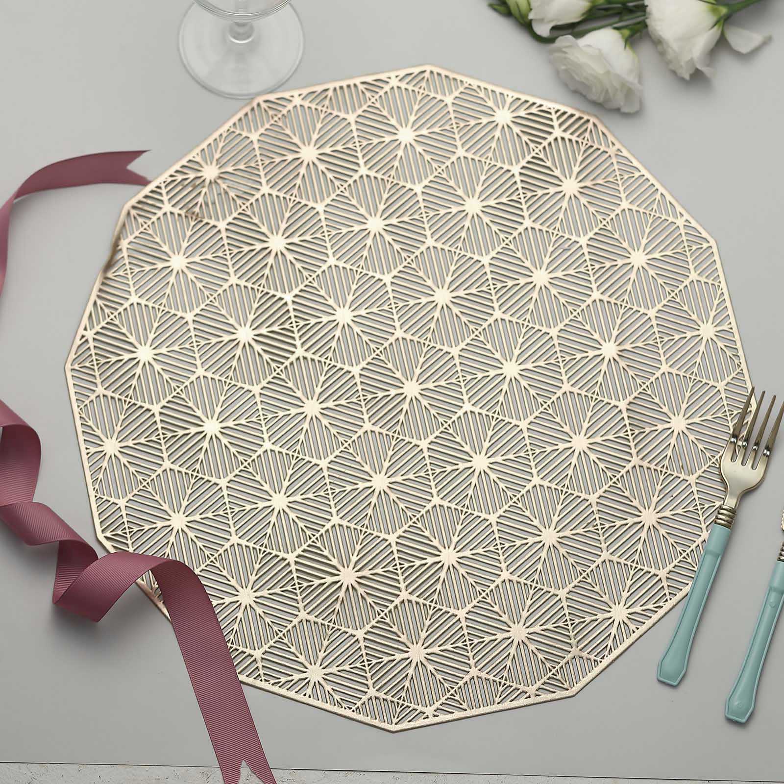 6 Pack 15 Rose Gold Metallic Non-Slip Placemats, Wheat Design Round Vinyl Table Mats | by Tableclothsfactory