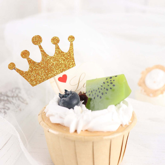 24 Pack | 5inch Gold Glitter Crown Cupcake Toppers, Royal Party Cake Picks