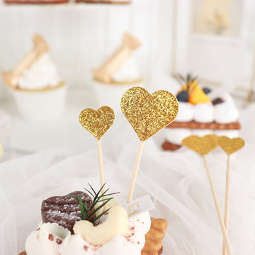 24 Pack | Gold Glitter Heart Shaped Cupcake Toppers, Party Cake Picks - 4.5", 4"