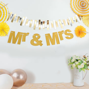 3ft Gold Glittered Mr and Mrs Paper Hanging Wedding Anniversary Banner, Party Garland Banner