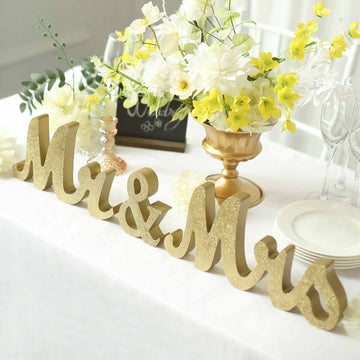 Gold Glittered Wooden "Mr & Mrs" Wedding Table Display Signs, Rustic Glam Freestanding Letter Photo Props