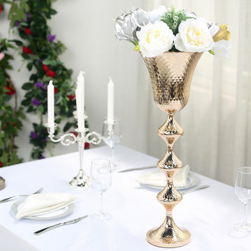 24" Gold Hammered Metal Trumpet Flower Stem Vase, Table Centerpiece