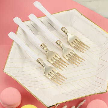 24 Pack | Gold 7" Heavy Duty Plastic Forks with White Handle, Plastic Silverware