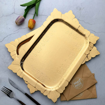 10 Pack | Gold 14" Leather Textured Heavy Duty Paper Serving Trays With Floral Cut Rim - 1100 GSM