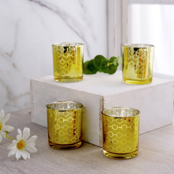 6 Pack 3" Gold Mercury Glass Candle Holders, Votive Candle Containers - Honeycomb Design