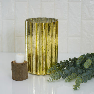 9" Gold Mercury Glass Hurricane Candle Holder, Cylinder Pillar Vase - Wavy Column Design