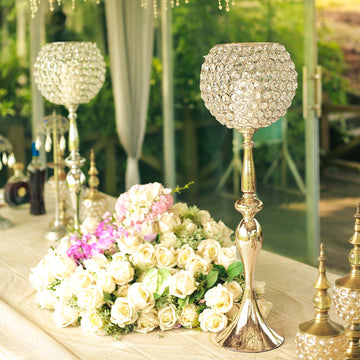 30" Gold Metal Acrylic Crystal Goblet Candle Holder, Flower Ball Stand